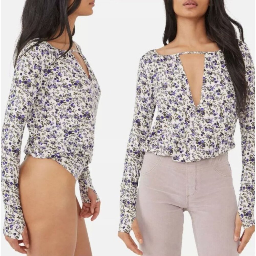 Free People Intimately Free Kaya Print Cutout Bodysuit Blue Micro Floral‎ Fairy